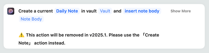 A Create Periodic Note action in v2024.4, showing its deprecation notice
