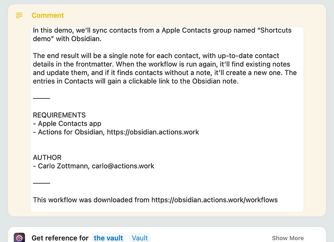 Screenshot of the workflow in Shortcuts app