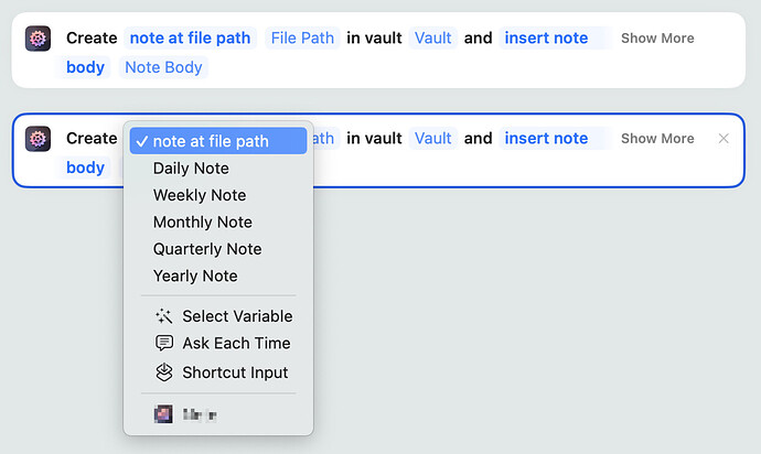 The Create Note action in v2024.2, showing the dropdown selection of what type of note to create: A general note in a custom file path, or a Daily Note, Weekly Note, etc.