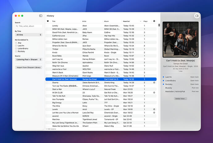 The History window with its filter sidebar (left), main table, and track inspector (right)