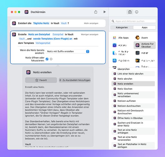Shortcuts editor, showing German-language actions and overlays in v2024.4